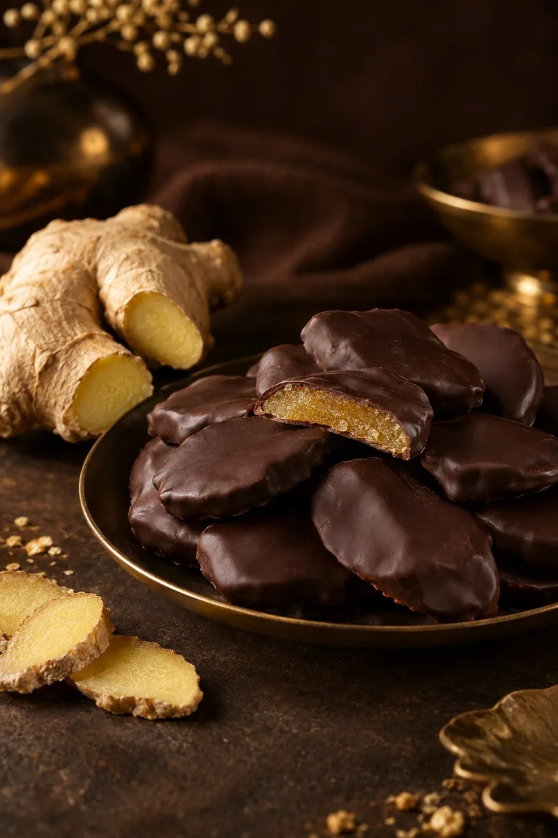 Filetti di zenzero candito ricoperti di cioccolato fondente