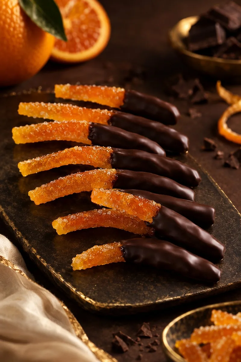 Scorzette d’arancia candite ricoperte di cioccolato fondente